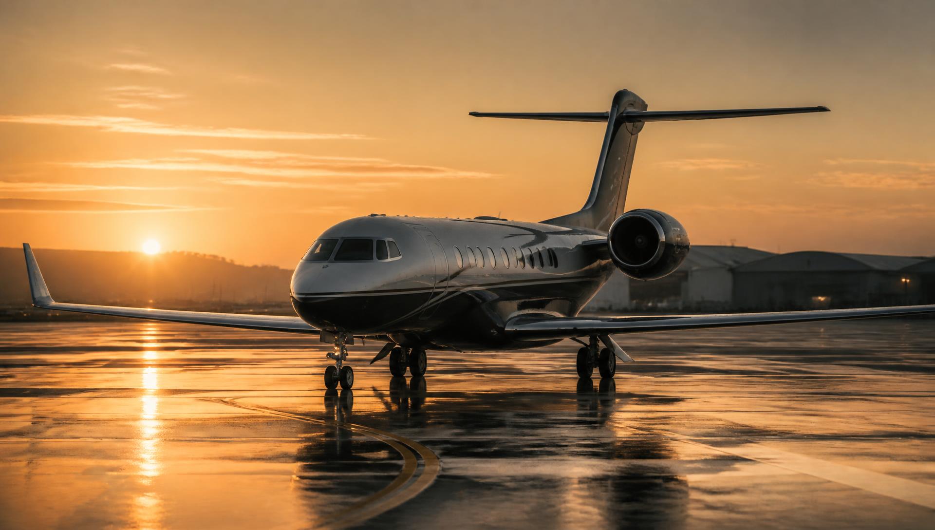 A large-cabin business jet taxiing into the sunset