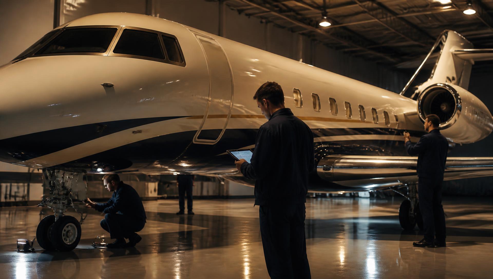 Engineers inspecting a business jet inside a premium maintenance hangar