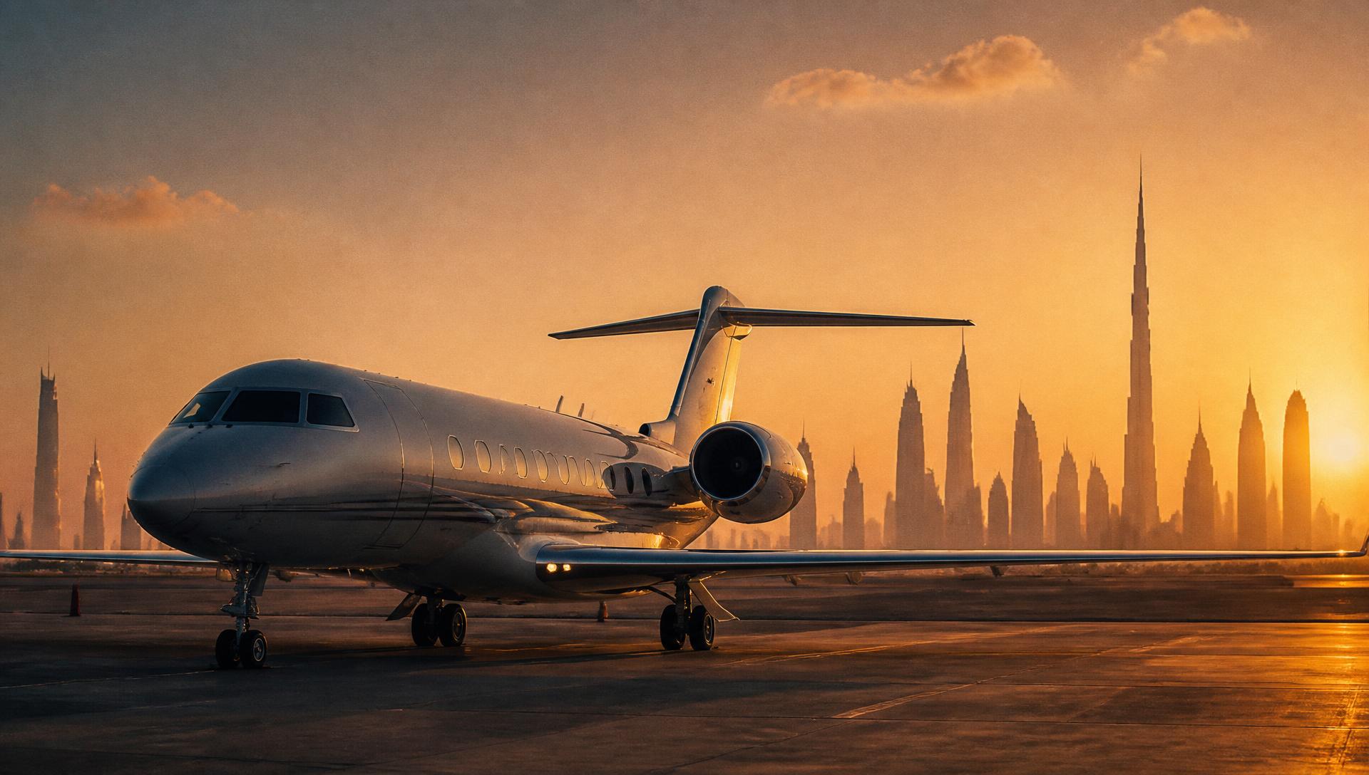 A business jet on a Dubai apron at sunset with the skyline behind