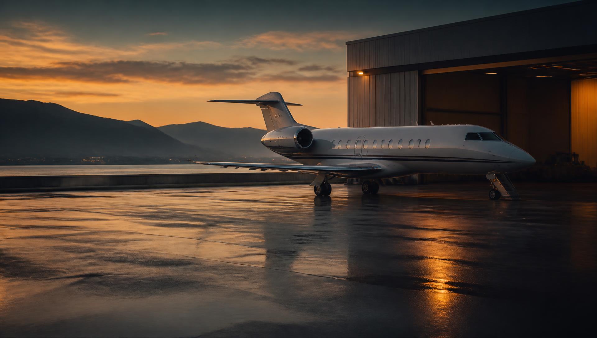 A business jet parked on a quiet apron at golden hour