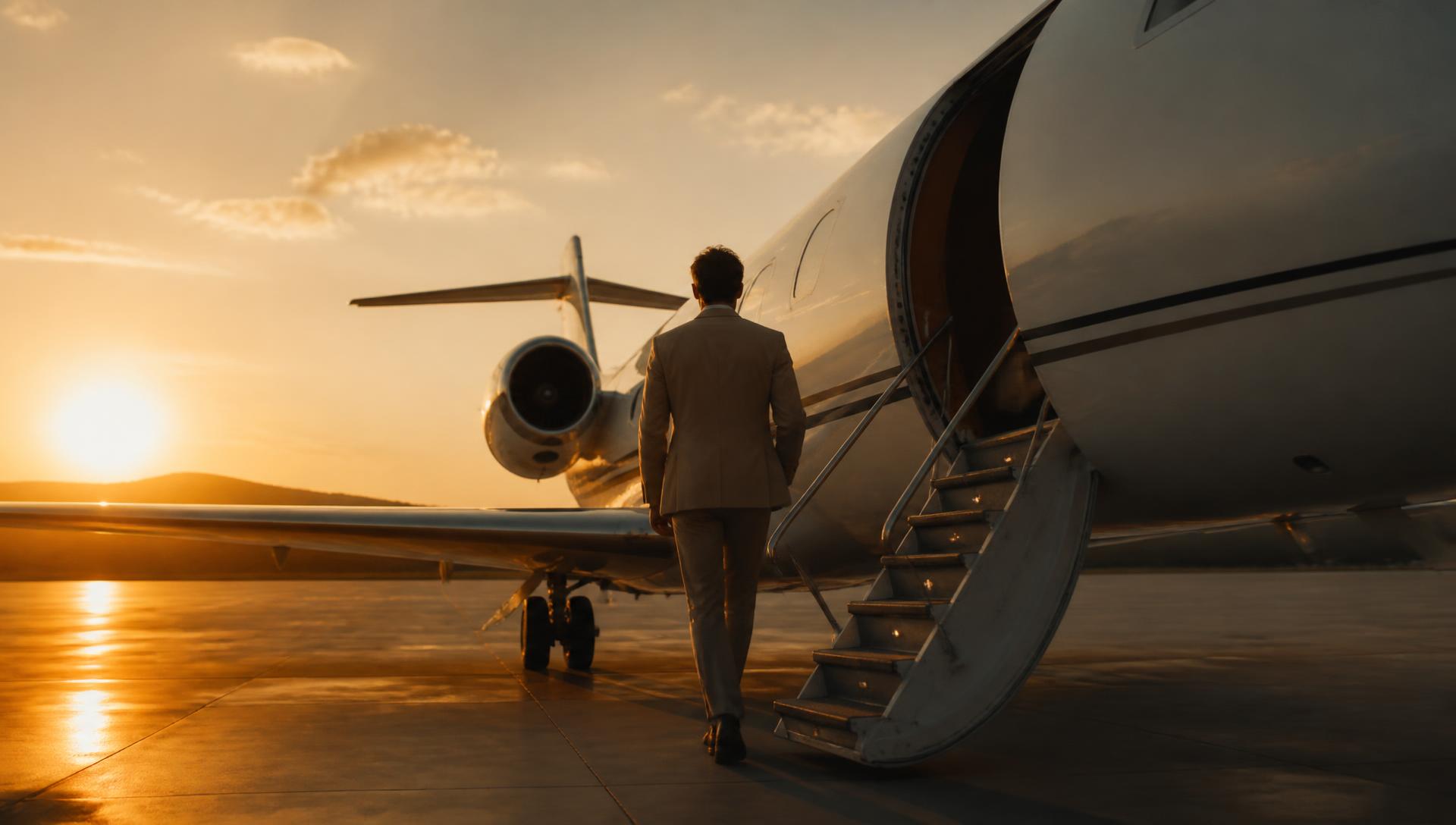 A young entrepreneur boarding a business jet at sunset