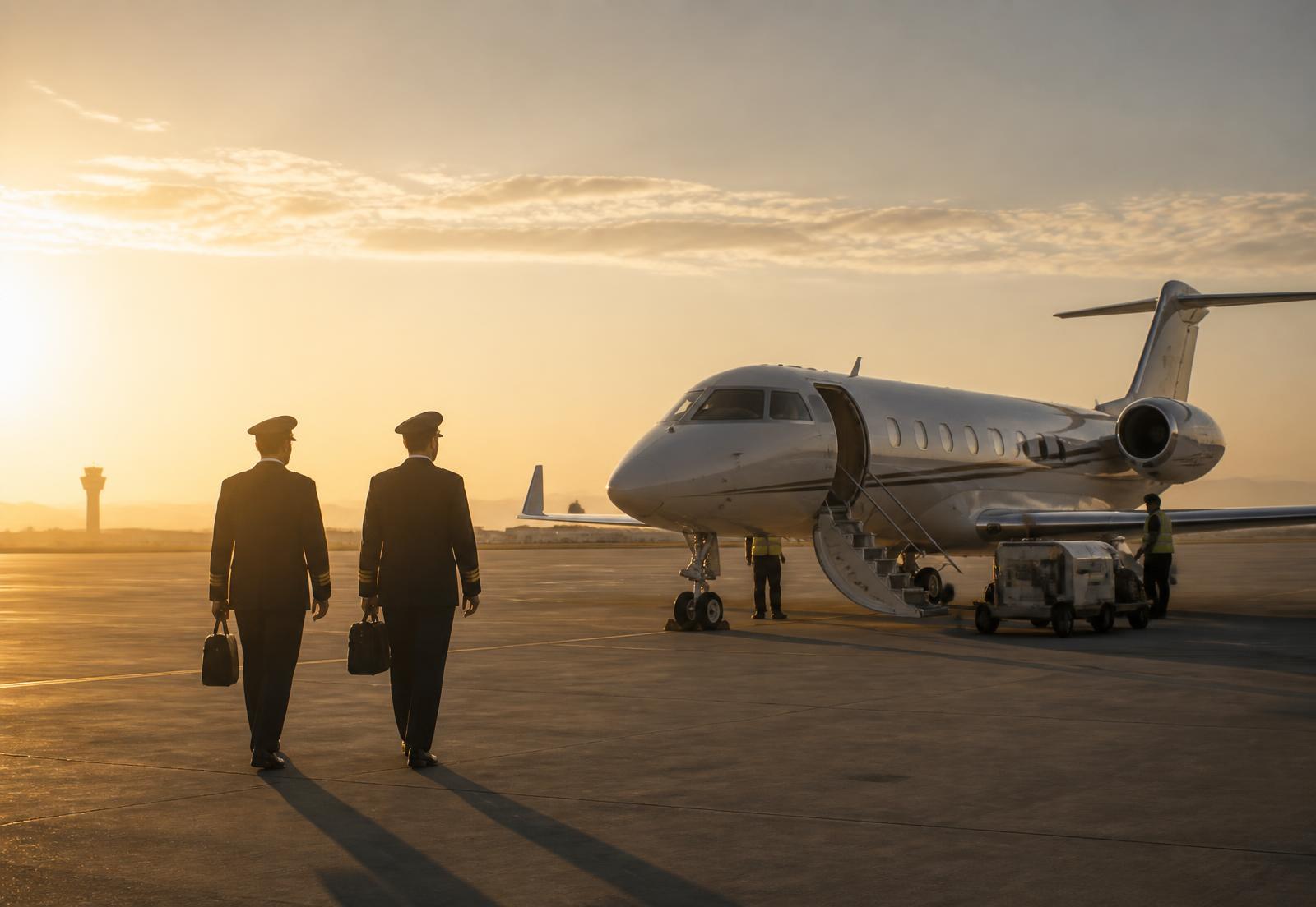 Pilots walking across the apron toward a waiting private jet at sunset