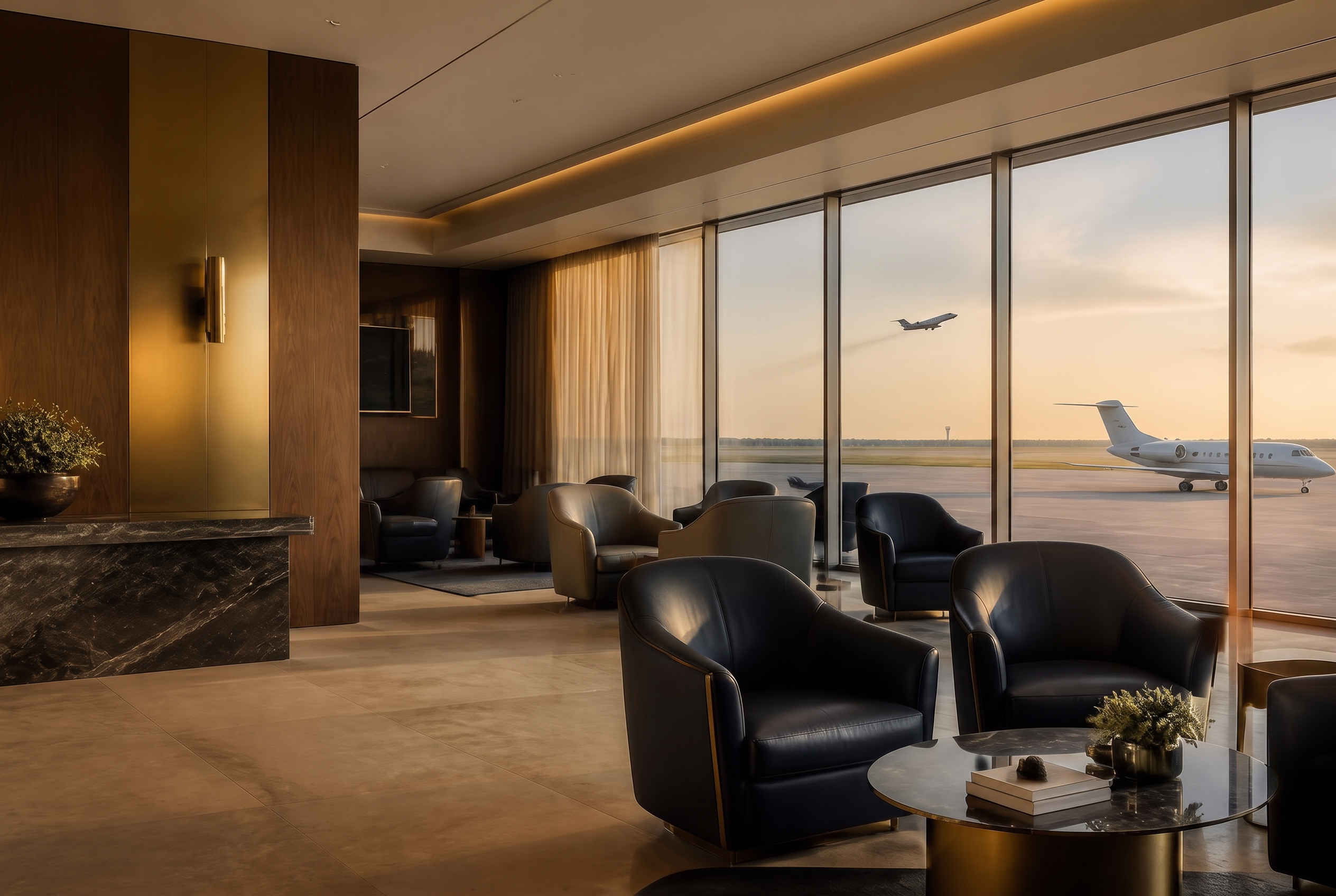 Private terminal lounge at golden hour with a business jet on the apron beyond the windows