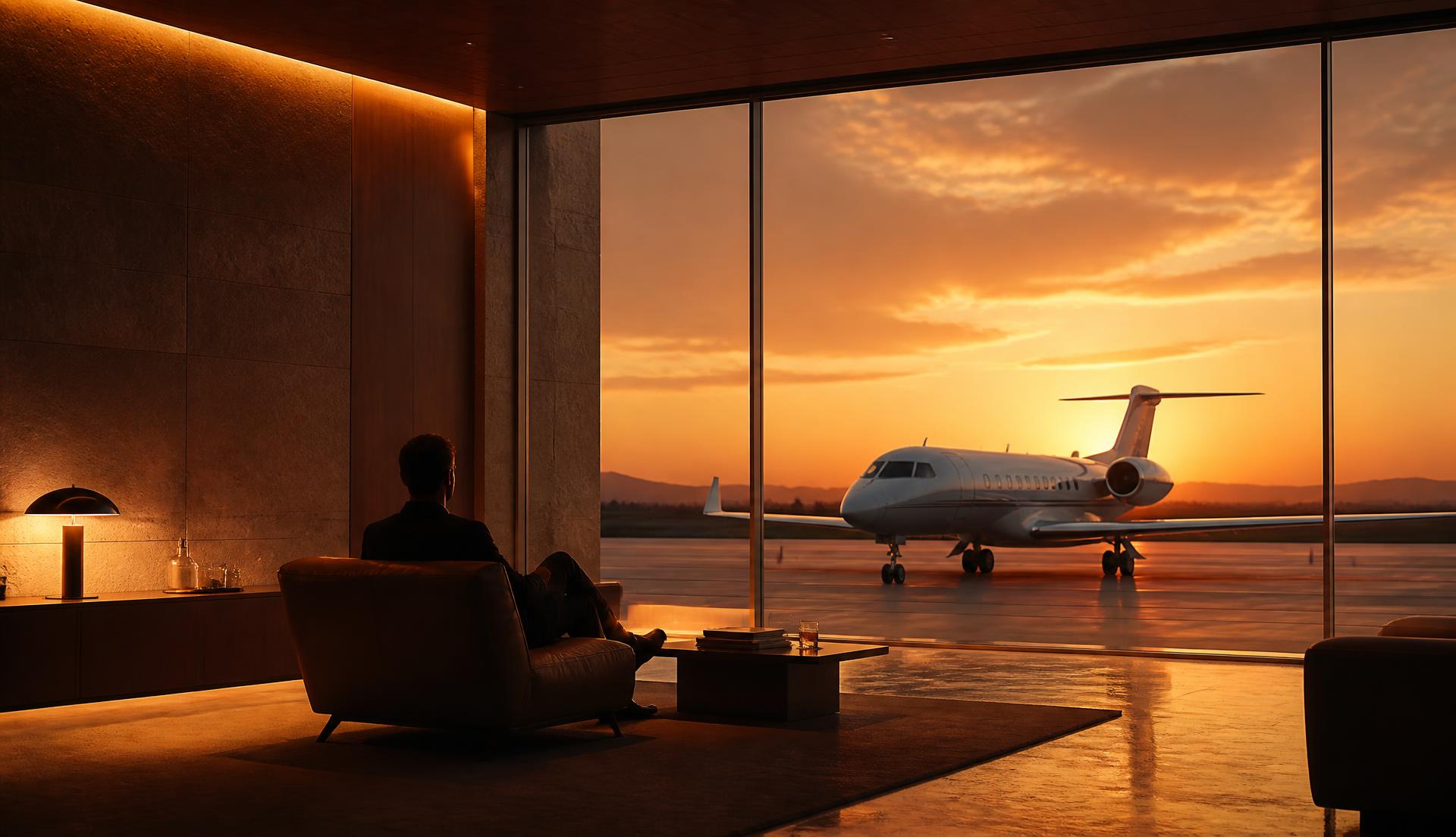 Traveller seated in a private terminal lounge watching a jet at sunset