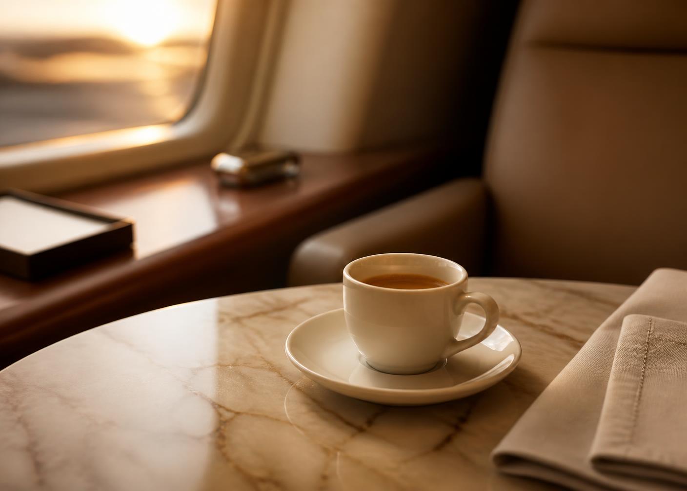 Espresso on a marble table in a private terminal lounge