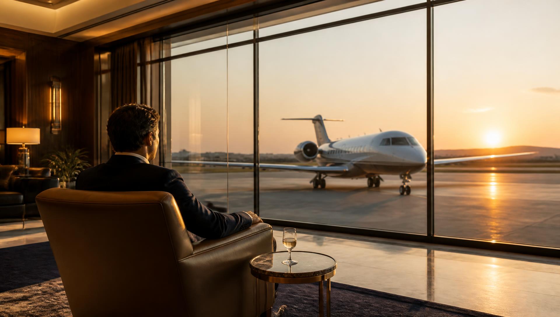 A client seated in a private terminal lounge watching a business jet taxi toward the windows at golden hour