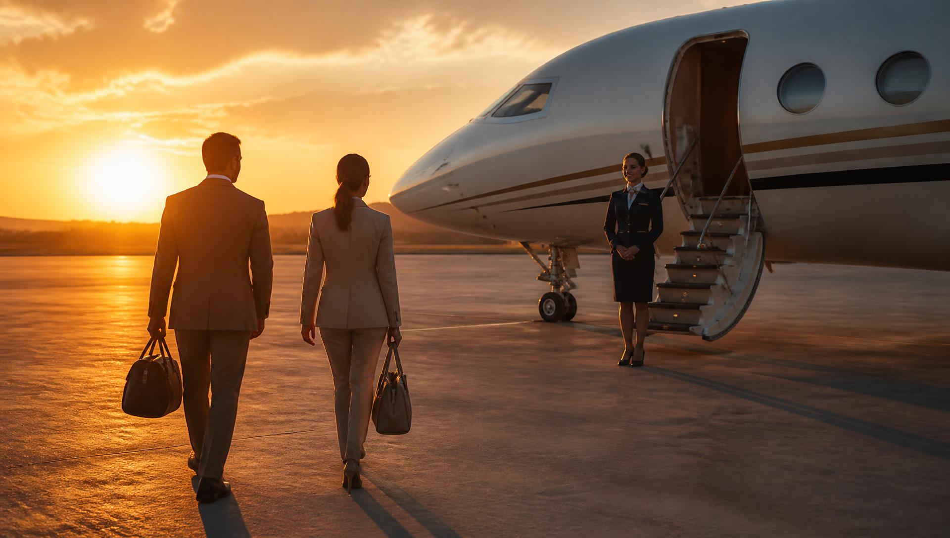 Passengers walking across the apron at sunset as a cabin attendant welcomes them at the airstairs