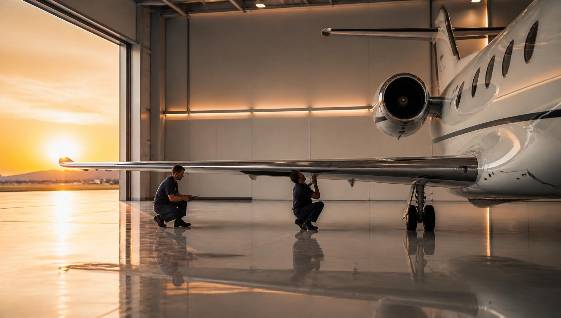 Engineers carrying out a meticulous inspection beneath the wing of a business jet in a pristine hangar