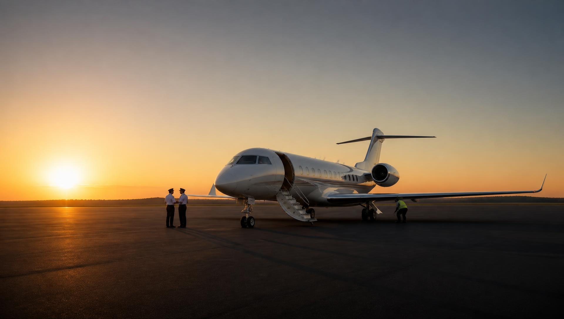 A business jet on a quiet private apron at golden hour with pilots and ground crew nearby